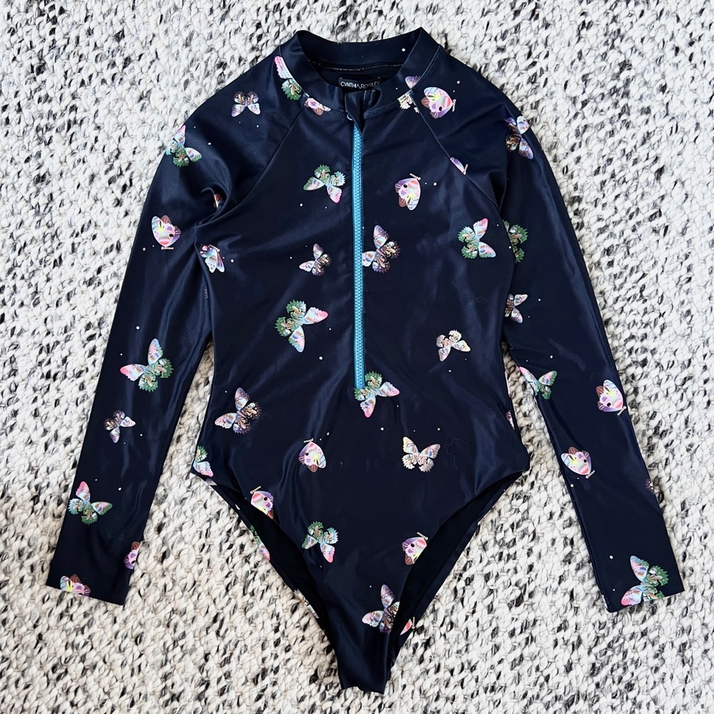 Cynthia Rowley black blue pink butterfly print front zip surf swimsuit